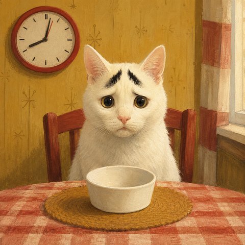 Sam at a kitchen table behind an empty bowl, eyebrows tilted in concern beneath a red wall clock.