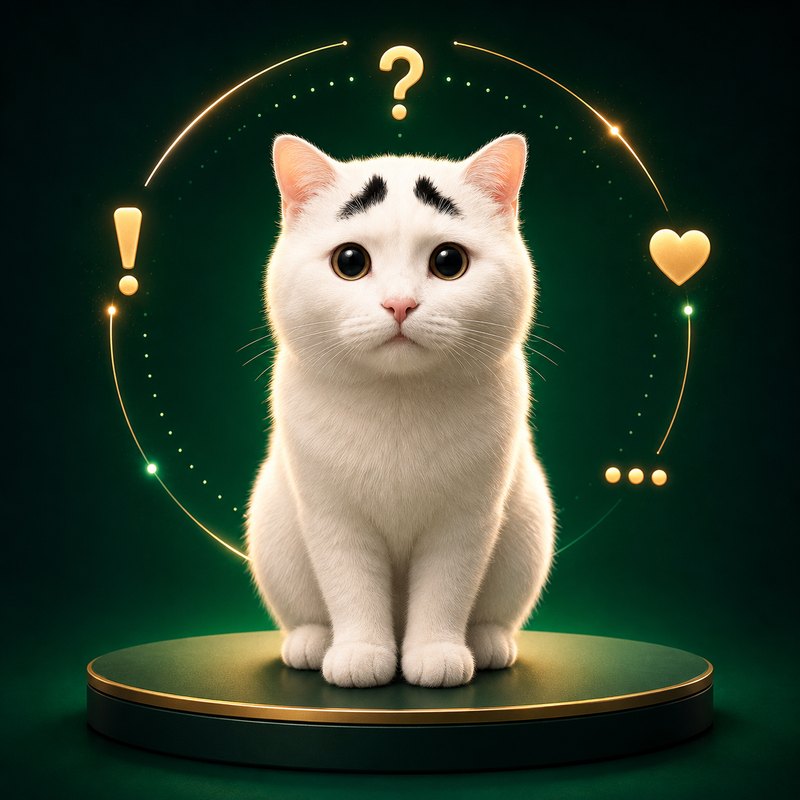 Sam sitting on a dark green podium, ringed by glowing question mark, exclamation mark and heart icons.