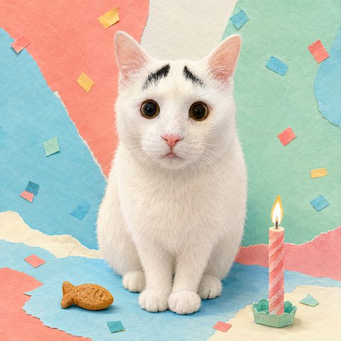 Sam among paper confetti next to a single lit candle and a fish-shaped treat, looking mildly surprised.