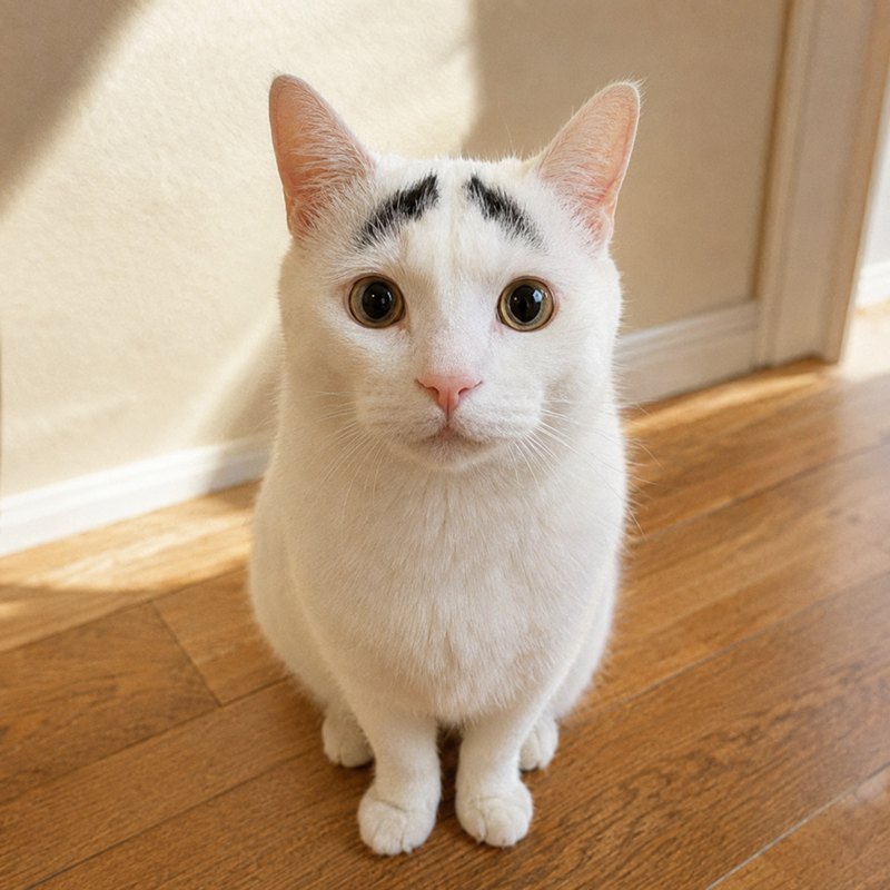 Sam, a white cat with black eyebrow-shaped markings, sitting upright on a wooden floor and looking directly at the camera.