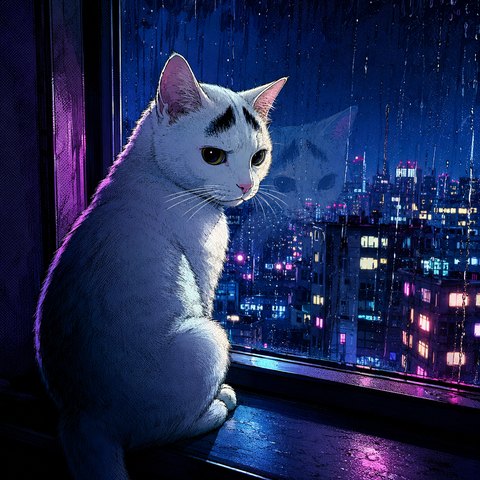Sam on a windowsill at night, glancing back over his shoulder at a rain-streaked window above a neon city.
