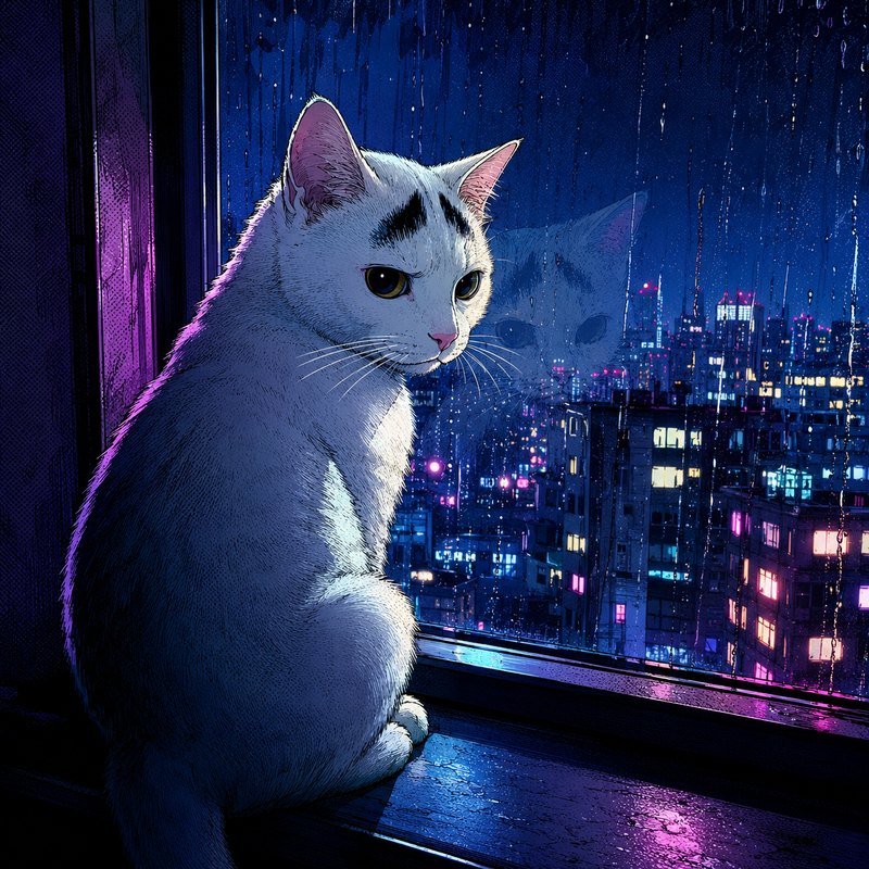 Sam on a windowsill at night, looking back over his shoulder at a rain-streaked window above a neon-lit city.